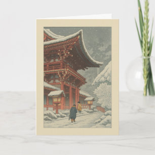 Carte de Noël Ukiyo-e du temple japonais d'hiver