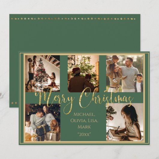 Carte de Noël verte avec écriture dorée Photo Joye (Devant / Derrière)