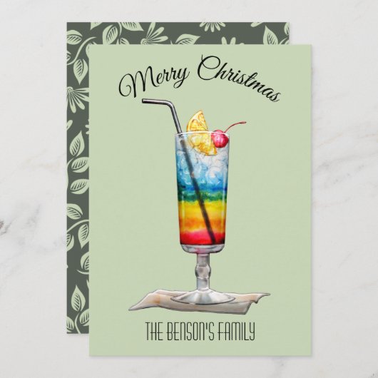 Carte de Noël verte Cocktail (Devant / Derrière)
