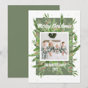 Carte de Noël verte et rouge Holly douce et légère