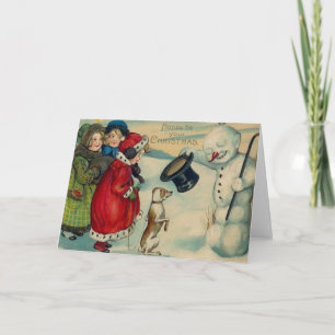 Carte de Noël victorienne Snowman et Chien