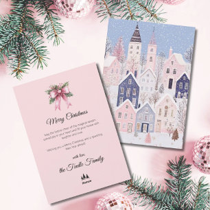 Carte de Noël Village Script Rose Aquarelle