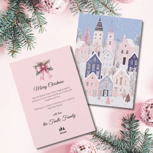 Carte de Noël Village Script Rose Aquarelle