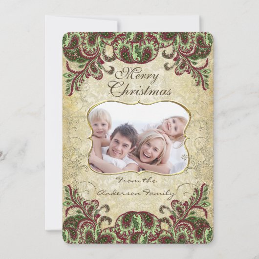 Carte de Noël Vin photo famille et Peacock vert (Devant)