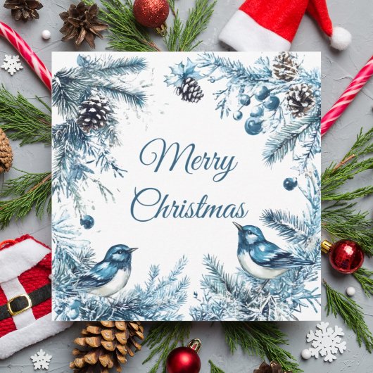 Carte de Noël vintage aux oiseaux bleus et pins