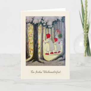 Carte de Noël vintage avec des anges dans la forêt