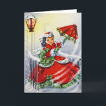 Carte de Noël vintage avec la jeune fille<br><div class="desc">Carte de Noël vintage avec la belle du sud de jeune fille dans la robe et le parasol laissant le porche sous une lanterne.</div>