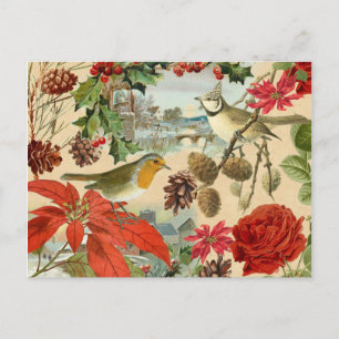 Carte de Noël vintage avec oiseaux et fleur rouge