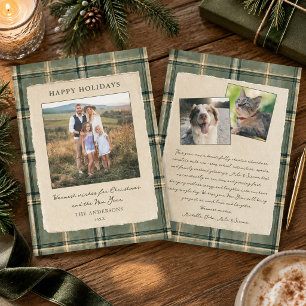 Carte de Noël vintage avec plaid vert sauge et 3 p