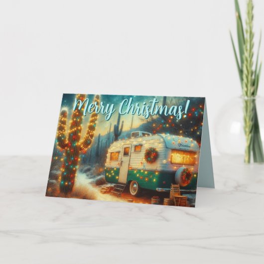 Carte de Noël vintage Camper Saguaro Cactus (Devant)
