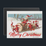 Carte de Noël vintage du Père Noël et des elfes<br><div class="desc">Carte de Noël vintage unique, qui a elfes et gnomes traînant un arbre avec Père Noël snowman le chevauchant. Pour célébrer les fêtes de Noël et avoir de la chaleur, et c'est l'esprit de cette carte postale. Envoyez-le à votre famille, vos amis, vos proches. En d'autres termes envoyez vos sentiments...</div>