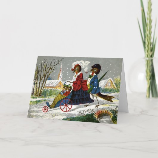 Carte de Noël vintage famille d'oiseaux (Devant)