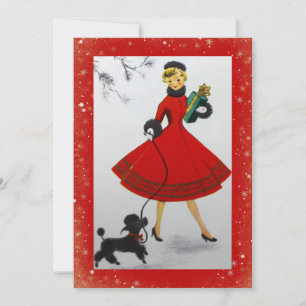 Carte de Noël vintage femme chien rouge or fêtes
