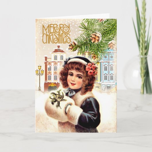 Carte de Noël Vintage Fille avec fourrure muff (Devant)