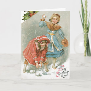 Carte de Noël Vintage filles jouant dans la neige