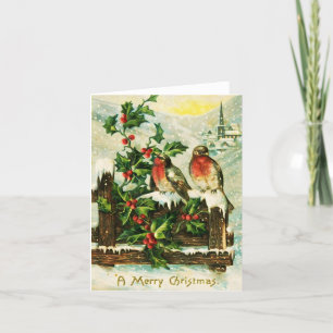 Carte de Noël vintage Holly et oiseaux