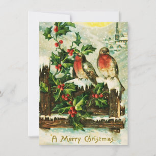Carte de Noël vintage Holly et oiseaux