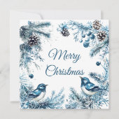 Carte de Noël vintage oiseaux bleus pins (Devant)