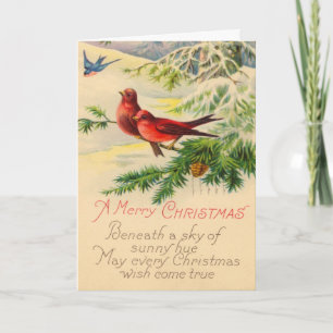 Carte de Noël Vintage Oiseaux et Pins