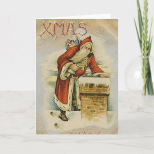 Carte de Noël vintage, Père Noël, Cheminée