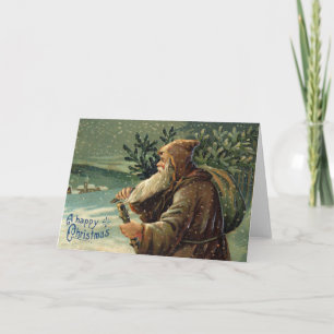 Carte de Noël vintage, Père Noël et arbre