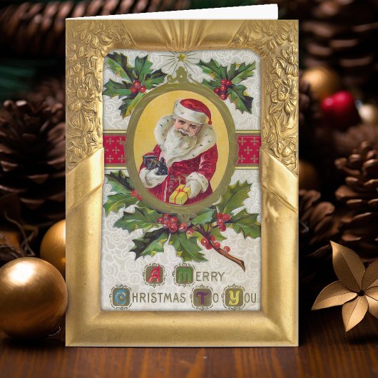 Carte de Noël vintage Père Noël Gold Frame