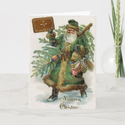 Carte de Noël Vintage | Père Noël verte (Devant)
