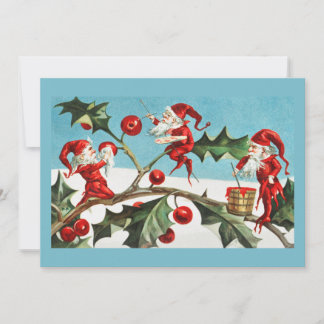 Carte de Noël vintage rétro au houx et aux lutins