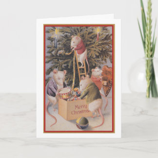 Carte de Noël vintage - souris équilibrant l'arbre