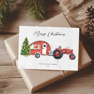 Carte de Noël vintage tracteur rouge camping-car n