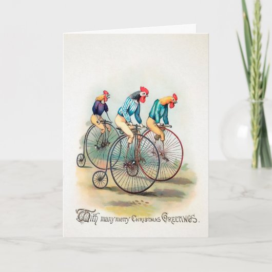Carte de Noël vintage Victorian Vélo Roosters (Devant)