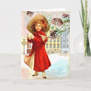Carte de Noël Vintage Young Girl Red Coat Village
