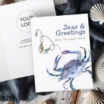 Carte de Noël Watercolor Beach Crabe bleu<br><div class="desc">Ces salutations de vacances en bord de mer comprennent un crabe d'aquarelle dans les nuances nautiques de bleu. Les mots "mers et salutations" sont placés dans la typographie amusante. Ces cartes de Noël sur le thème de l'océan s'ouvrent pour révéler votre salutation personnalisée. Utilisez les champs modèle pour ajouter votre...</div>