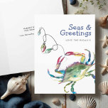 Carte de Noël Watercolor Beach Crabe bleu<br><div class="desc">Ces salutations de vacances en bord de mer ont un crabe bleu aquarelle dans les tons nautiques et colorés. Les mots "mers et salutations" sont placés dans la typographie amusante. Ces cartes de Noël sur le thème de l'océan s'ouvrent pour révéler votre salutation personnalisée. Utilisez les champs modèle pour ajouter...</div>