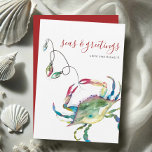 Carte de Noël Watercolor Blue Crack Beach<br><div class="desc">Célébrez Noël en juillet 2025 avec cette carte de vacances tropicale aquarelle avec un design de crabe bleu charmant, parfait pour les vibes de Noël côtières! Placée sur un arrière - plan blanc immaculé, cette carte de Noël de plage présente des oeuvres d'art originales de la vie marine et l'expression...</div>