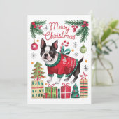 Carte de Noël Watercolor Boston Terrier (Debout devant)