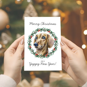 Carte de Noël Watercolor Dachshund Holiday Wreath