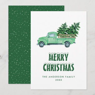 Carte de Noël Watercolor Green Truck Snow Joyeux N