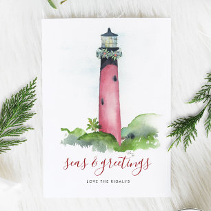 Carte de Noël Watercolor Lighthouse Beach