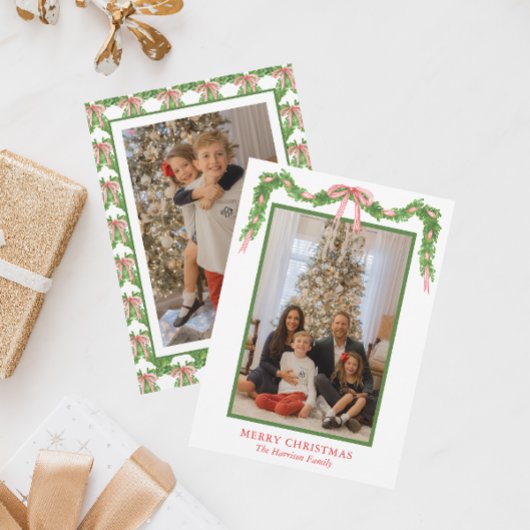 Carte de Noël Watercolor Red Bow Garland