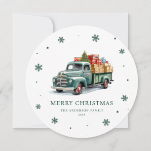 Carte de Noël Watercolor Retro Green Truck Merry