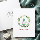 Carte de Noël Watercolor Wreath Beach<br><div class="desc">Répandez des vacances tropicales avec cette jolie carte de Noël de plage! Doté d’un gnome de Noël à l’aquarelle peint à la main et habillé d’une chemise de flamand rose et d’un long casquette festif, il est entouré d’une couronne de verdure et de baies rouges à la ferme sur un...</div>