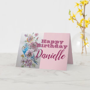 Carte de nom d'anniversaire Blue Budgie & Rose Flo