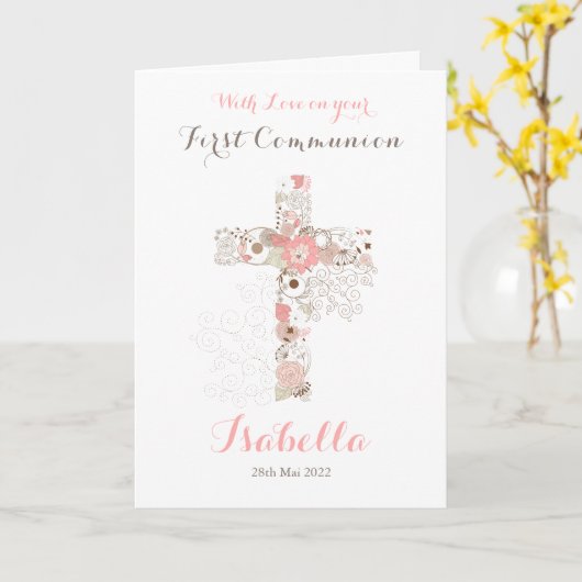 Carte de nom de croix florale blanche première com (Fleur jaune)