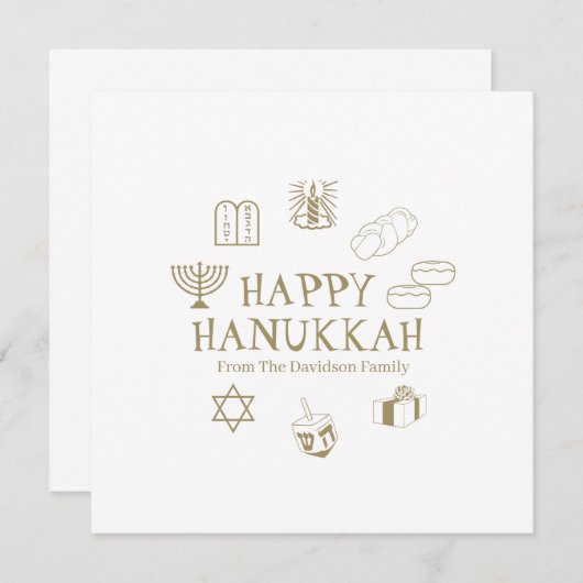 Carte de nom de famille blanche or Happy Hanoukka (Devant / Derrière)