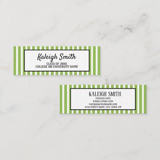 Carte de nom de la graduation en blanc vert rayé (Devant / Derrière)