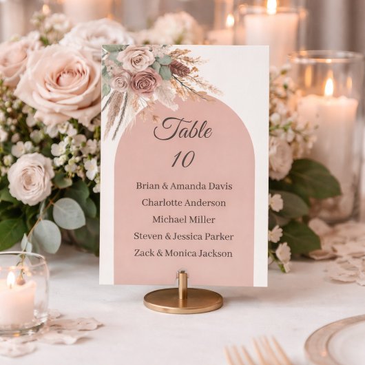 Carte de nom de table de mariage en herbe de pampa
