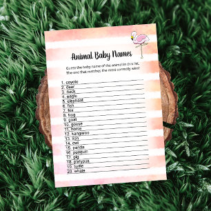 Carte de noms de bébés animaux flamant rose rayé d