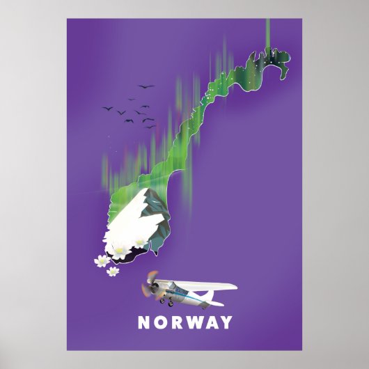 Carte de Norvège affiche illustrée imprimée. (Devant)