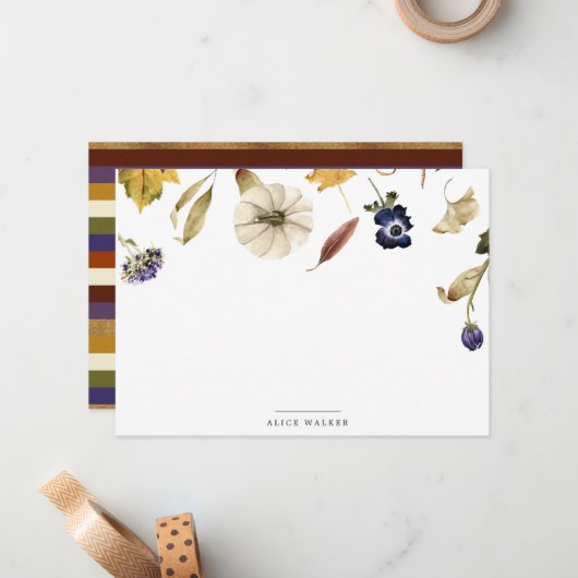 Carte de note à papier citrouille à fleurs d'autom (Devant/Arrière en situation)